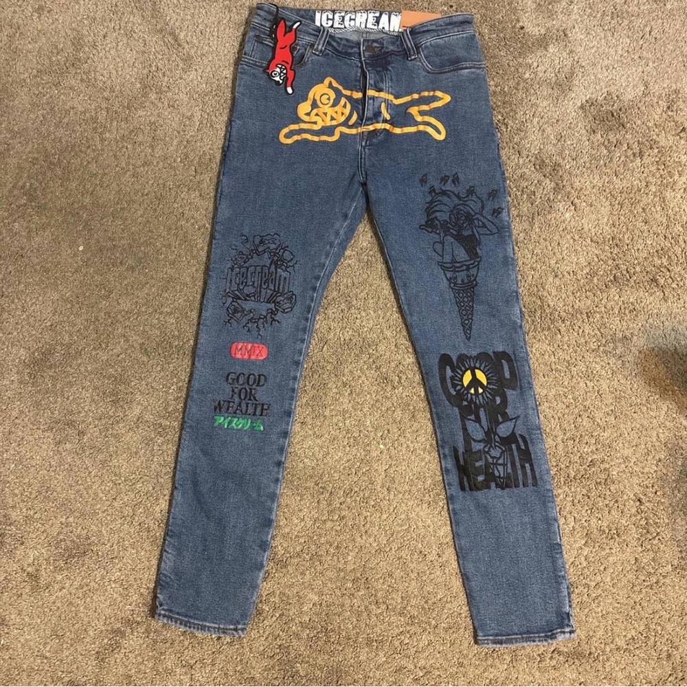 Billionaire Boys Club Blue Skinny Jeans with Yellow & Red Graphics